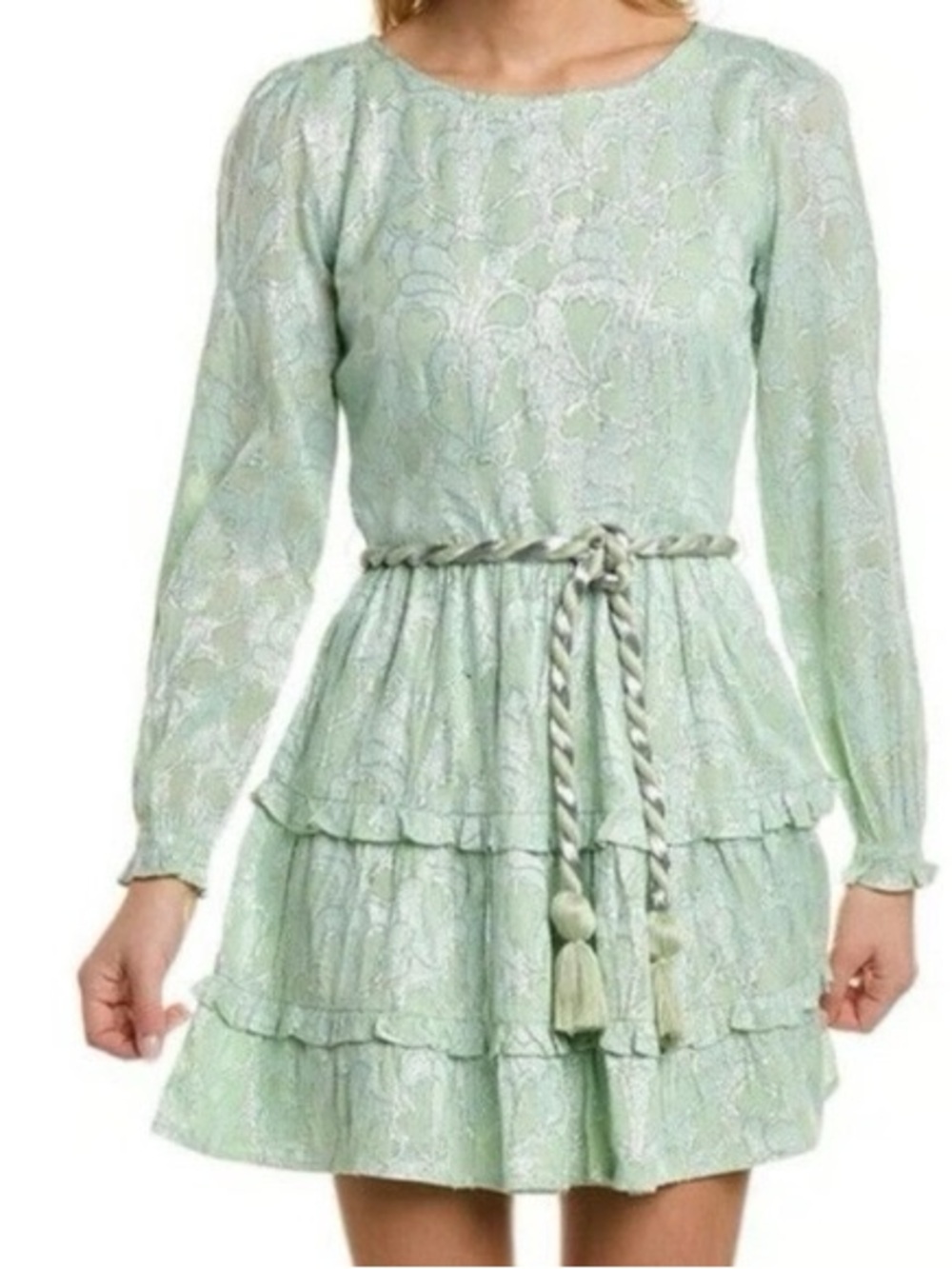 Roller Rabbit Mint Clermont Nori Silver Tie Tassels Tiered Mini Dress